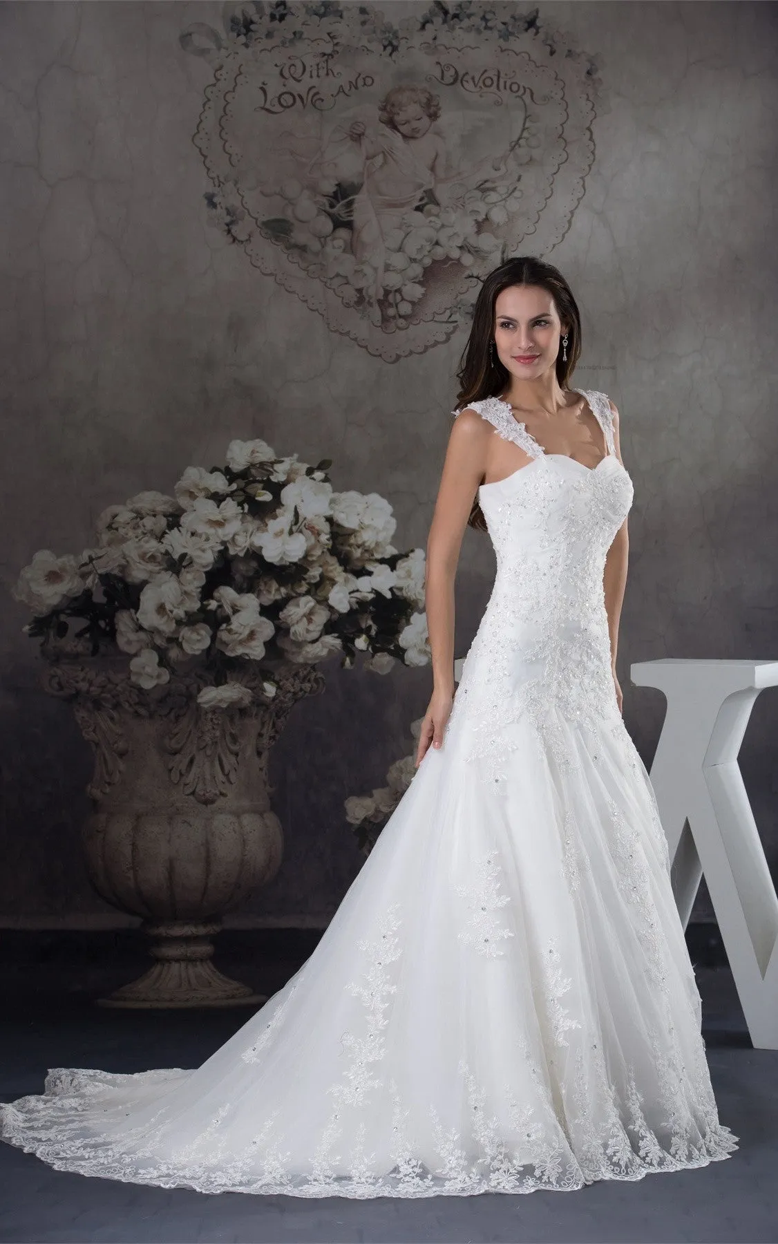 Strapped Lace A-Line Gown with Beading and Court Train-GC_706728