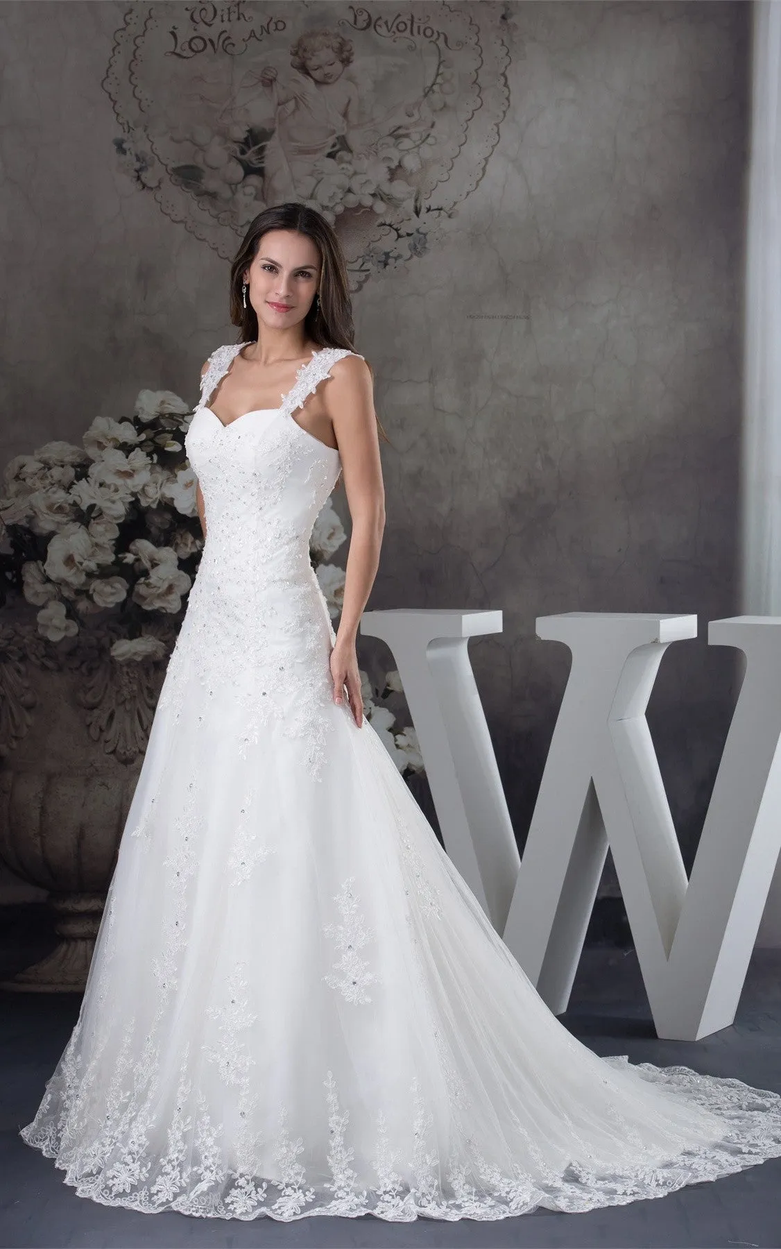 Strapped Lace A-Line Gown with Beading and Court Train-GC_706728