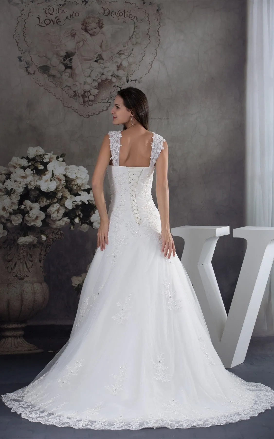 Strapped Lace A-Line Gown with Beading and Court Train-GC_706728