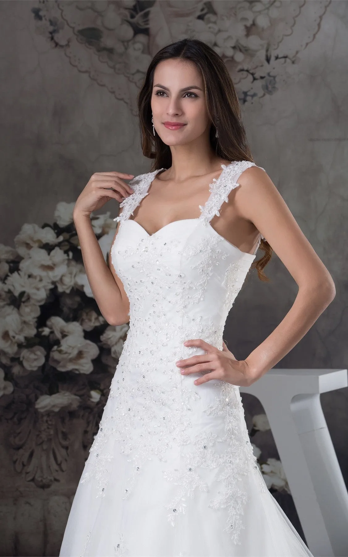 Strapped Lace A-Line Gown with Beading and Court Train-GC_706728