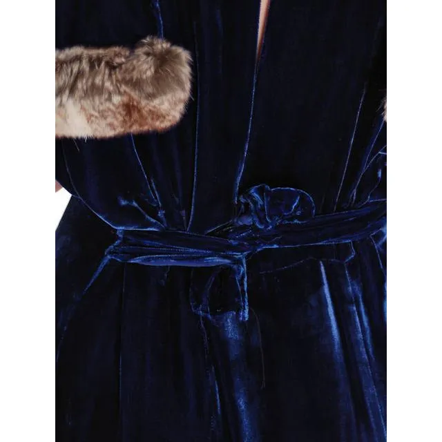 Stunning 1930s Vintage Blue Velvet Gown w/Ermine Trimmed Capelet Womens Dress 42-32-40 M