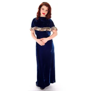 Stunning 1930s Vintage Blue Velvet Gown w/Ermine Trimmed Capelet Womens Dress 42-32-40 M