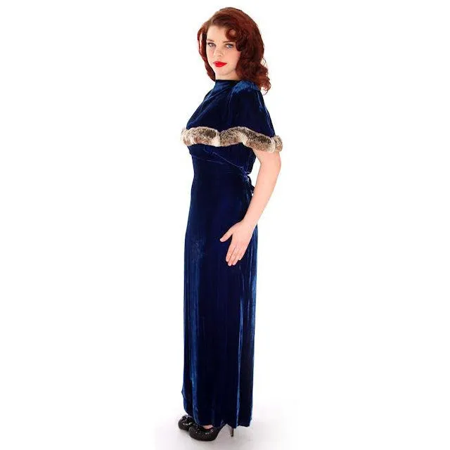 Stunning 1930s Vintage Blue Velvet Gown w/Ermine Trimmed Capelet Womens Dress 42-32-40 M