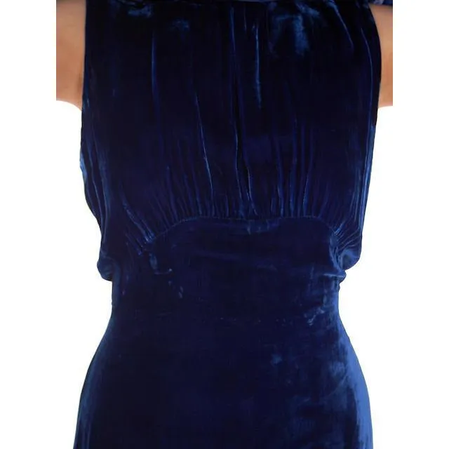 Stunning 1930s Vintage Blue Velvet Gown w/Ermine Trimmed Capelet Womens Dress 42-32-40 M