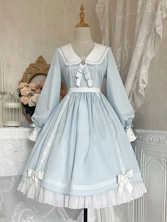 Sweet Lolita Dress Polyester Long Sleeves Ruffles Lace Bows Pink Sweet Lolita One Piece Dress