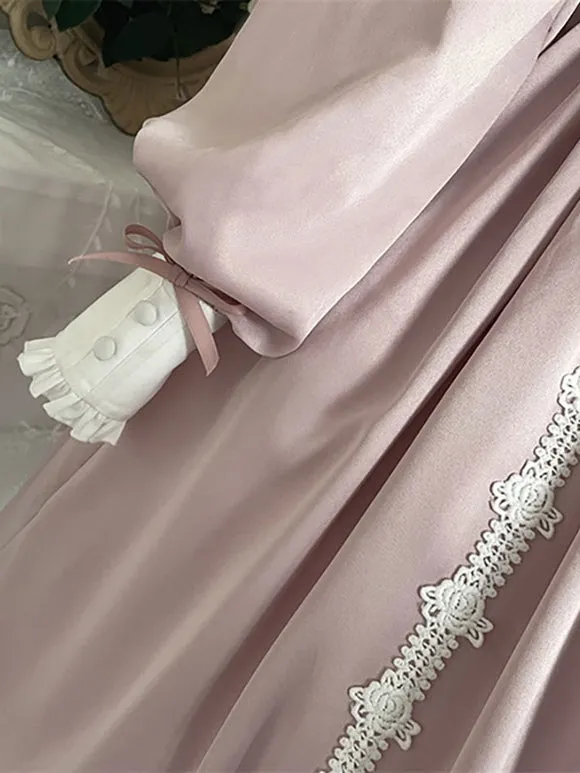 Sweet Lolita Dress Polyester Long Sleeves Ruffles Lace Bows Pink Sweet Lolita One Piece Dress