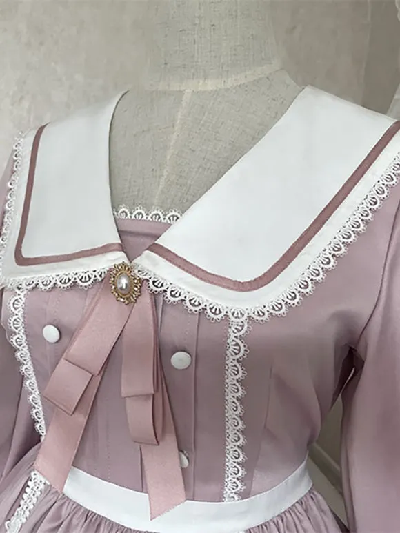 Sweet Lolita Dress Polyester Long Sleeves Ruffles Lace Bows Pink Sweet Lolita One Piece Dress