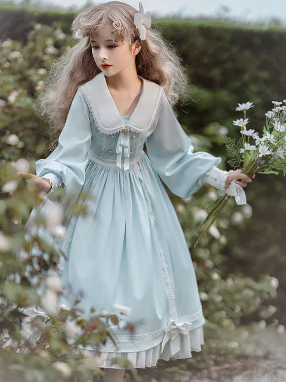 Sweet Lolita Dress Polyester Long Sleeves Ruffles Lace Bows Pink Sweet Lolita One Piece Dress