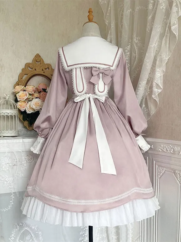 Sweet Lolita Dress Polyester Long Sleeves Ruffles Lace Bows Pink Sweet Lolita One Piece Dress
