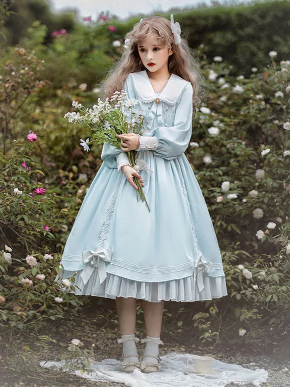 Sweet Lolita Dress Polyester Long Sleeves Ruffles Lace Bows Pink Sweet Lolita One Piece Dress