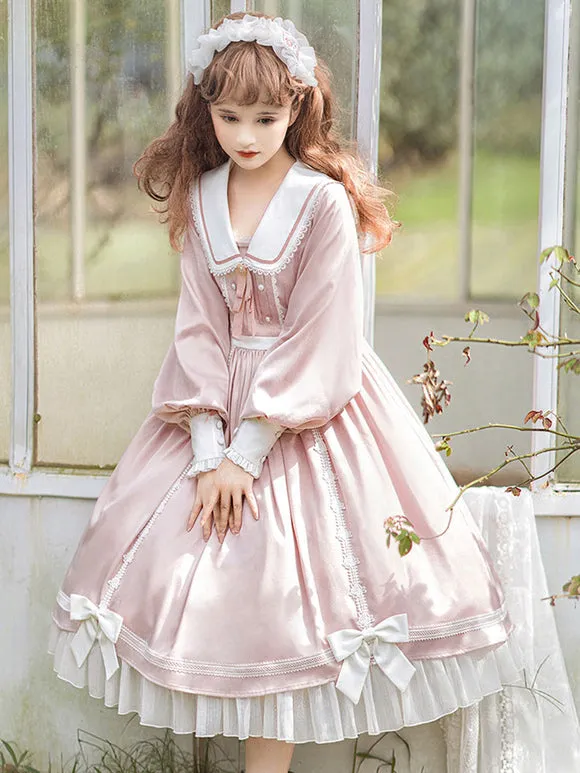Sweet Lolita Dress Polyester Long Sleeves Ruffles Lace Bows Pink Sweet Lolita One Piece Dress