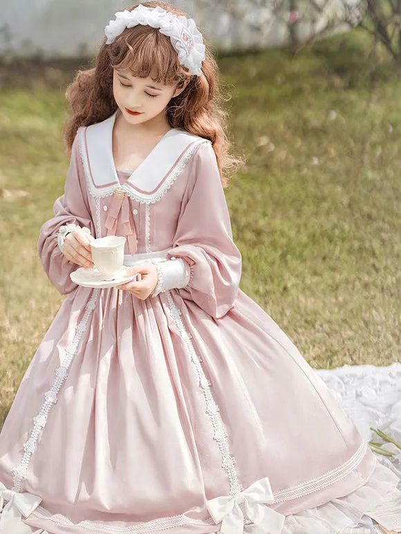 Sweet Lolita Dress Polyester Long Sleeves Ruffles Lace Bows Pink Sweet Lolita One Piece Dress