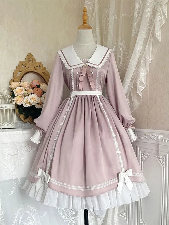 Sweet Lolita Dress Polyester Long Sleeves Ruffles Lace Bows Pink Sweet Lolita One Piece Dress