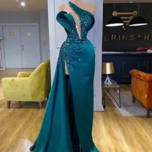 teal blue mermaid evening dresses long beaded crystal sparkly satin mermaid modest elegant evening gown