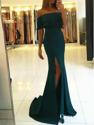 Teal Off Shoulder Long Cheap Mermaid Jersey Prom Dresses With Slit, TYP1611