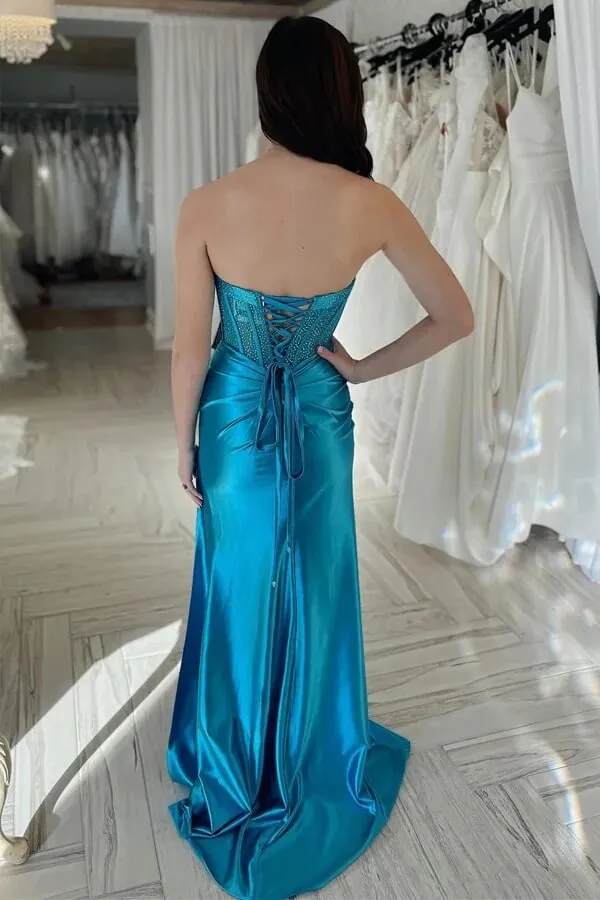 Teal Sheath Silk Satin Beaded Strapless Prom Dresses With Slit, Party Dress, MP960
