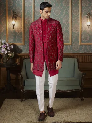 ThreadWorked  Indo Western in Fiery Combination Magenta and White