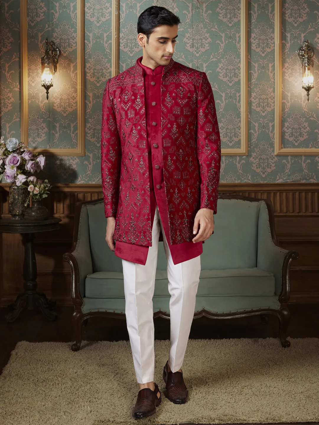 ThreadWorked  Indo Western in Fiery Combination Magenta and White