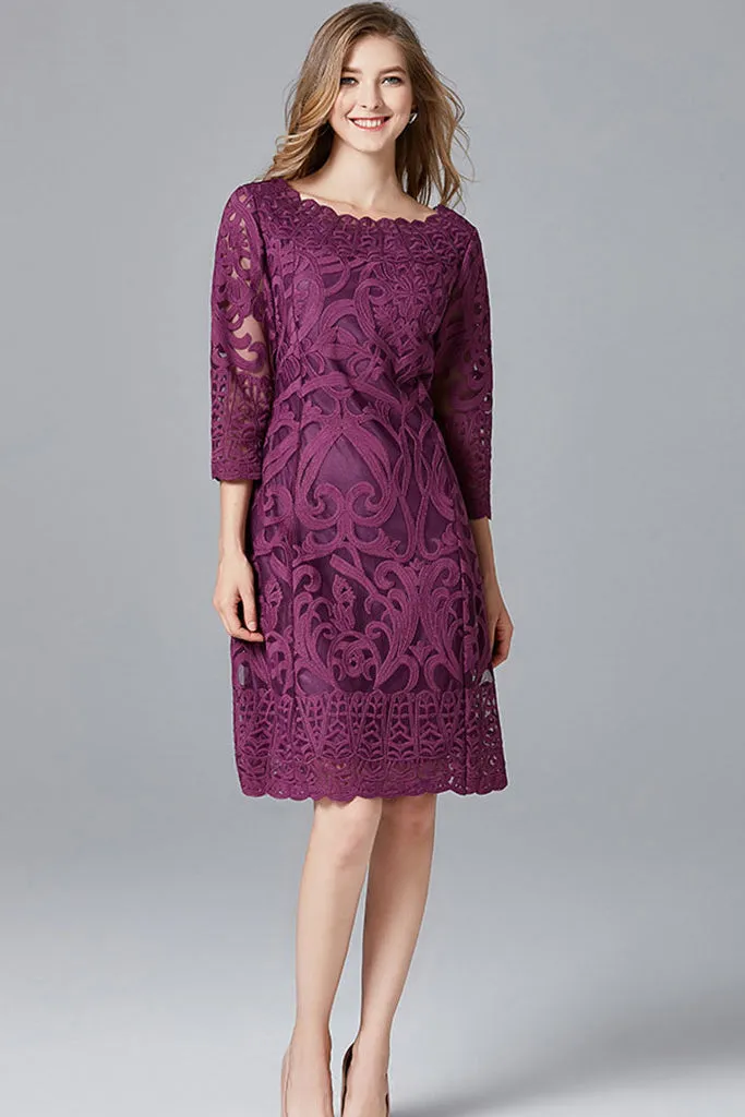 THREE QUARTER SLEEVE EMBROIDERED MIDI DRESS