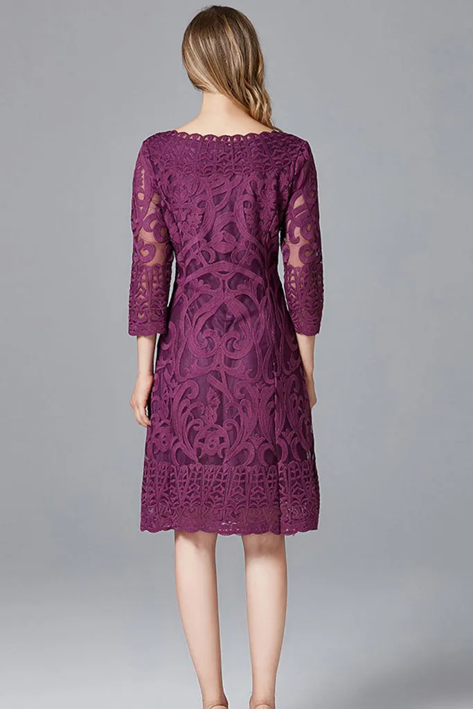 THREE QUARTER SLEEVE EMBROIDERED MIDI DRESS