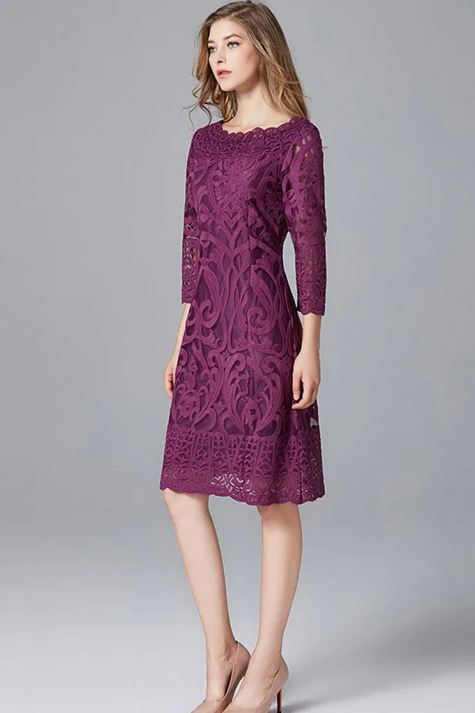 THREE QUARTER SLEEVE EMBROIDERED MIDI DRESS