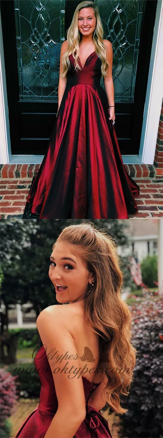 Timeless Deep V-neck Sleeveless Burgundy Long Prom Dresses, TYP1525