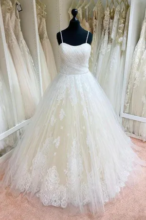 Tulle Ball Gown Spaghetti Straps Lace Appliques Wedding Dresses, MW975