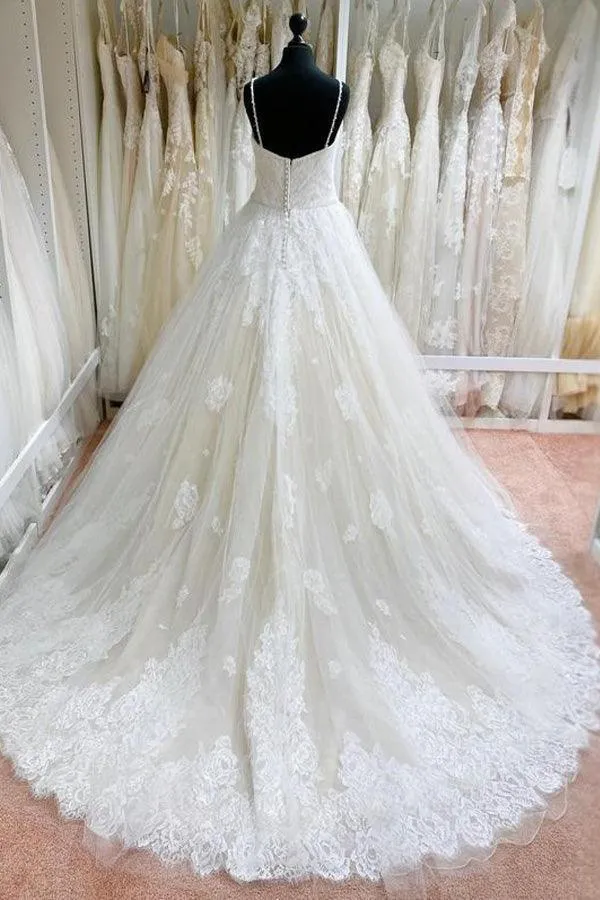 Tulle Ball Gown Spaghetti Straps Lace Appliques Wedding Dresses, MW975