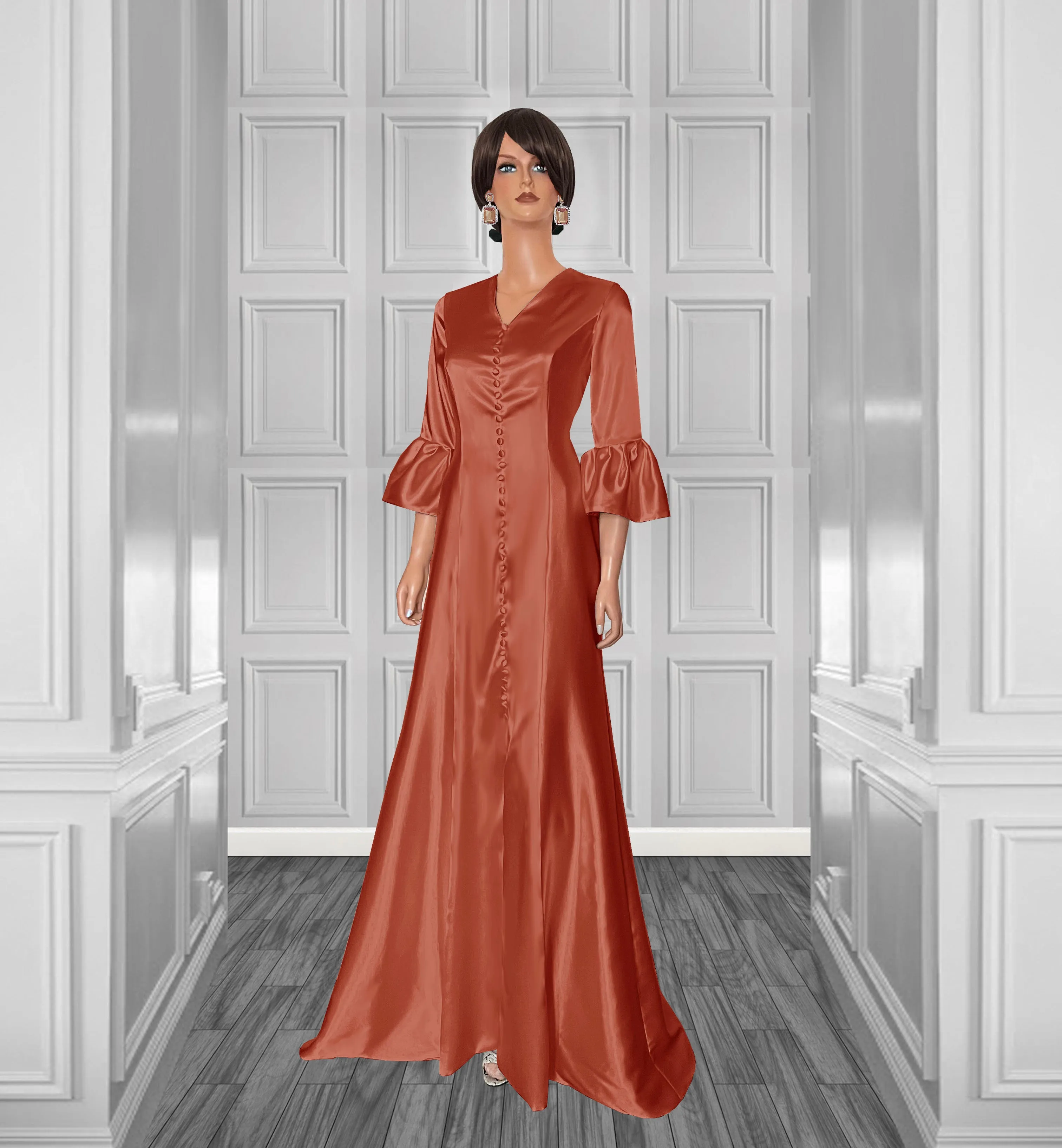 Twilight Satin Gown with Flounce Sleeves