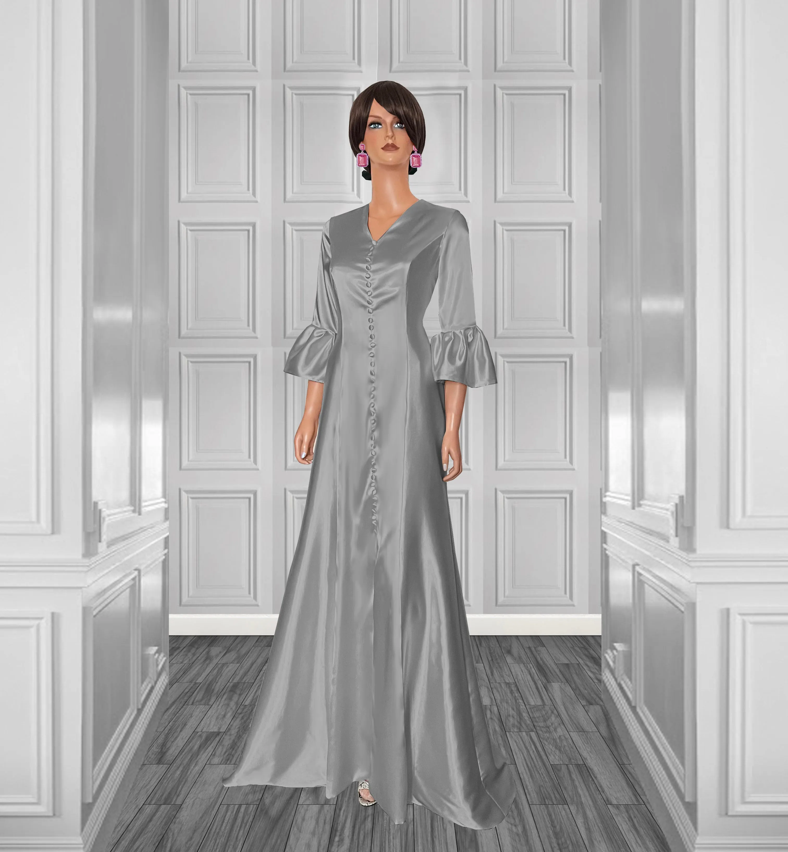 Twilight Satin Gown with Flounce Sleeves