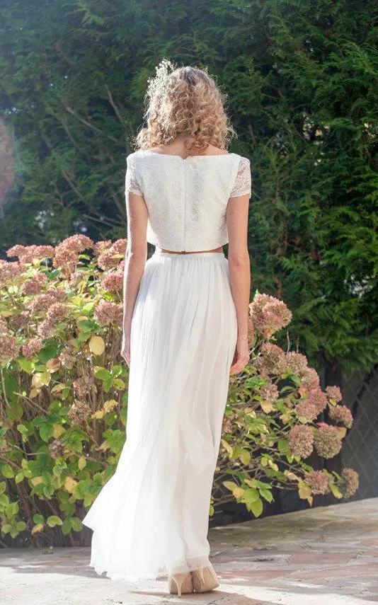 Two Piece Bateau Anckle-Length Chiffon Wedding Dress With Split Front And Pleats-711245