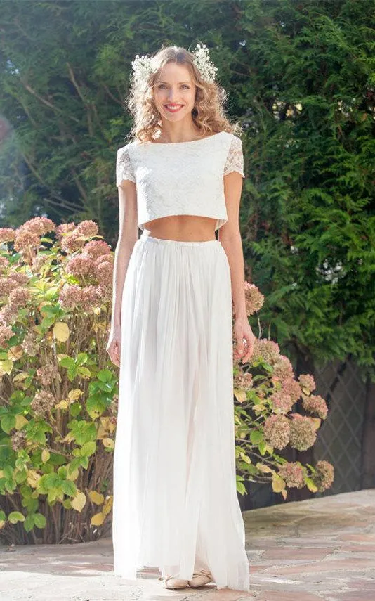 Two Piece Bateau Anckle-Length Chiffon Wedding Dress With Split Front And Pleats-711245
