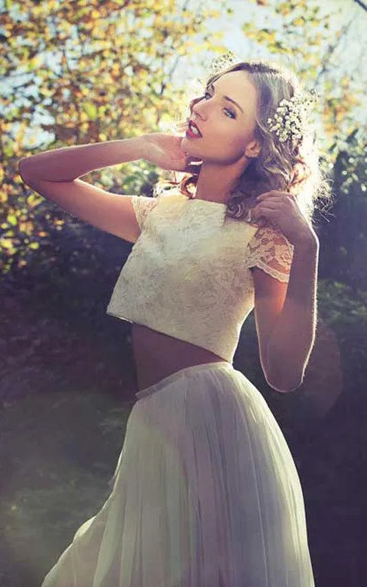 Two Piece Bateau Anckle-Length Chiffon Wedding Dress With Split Front And Pleats-711245