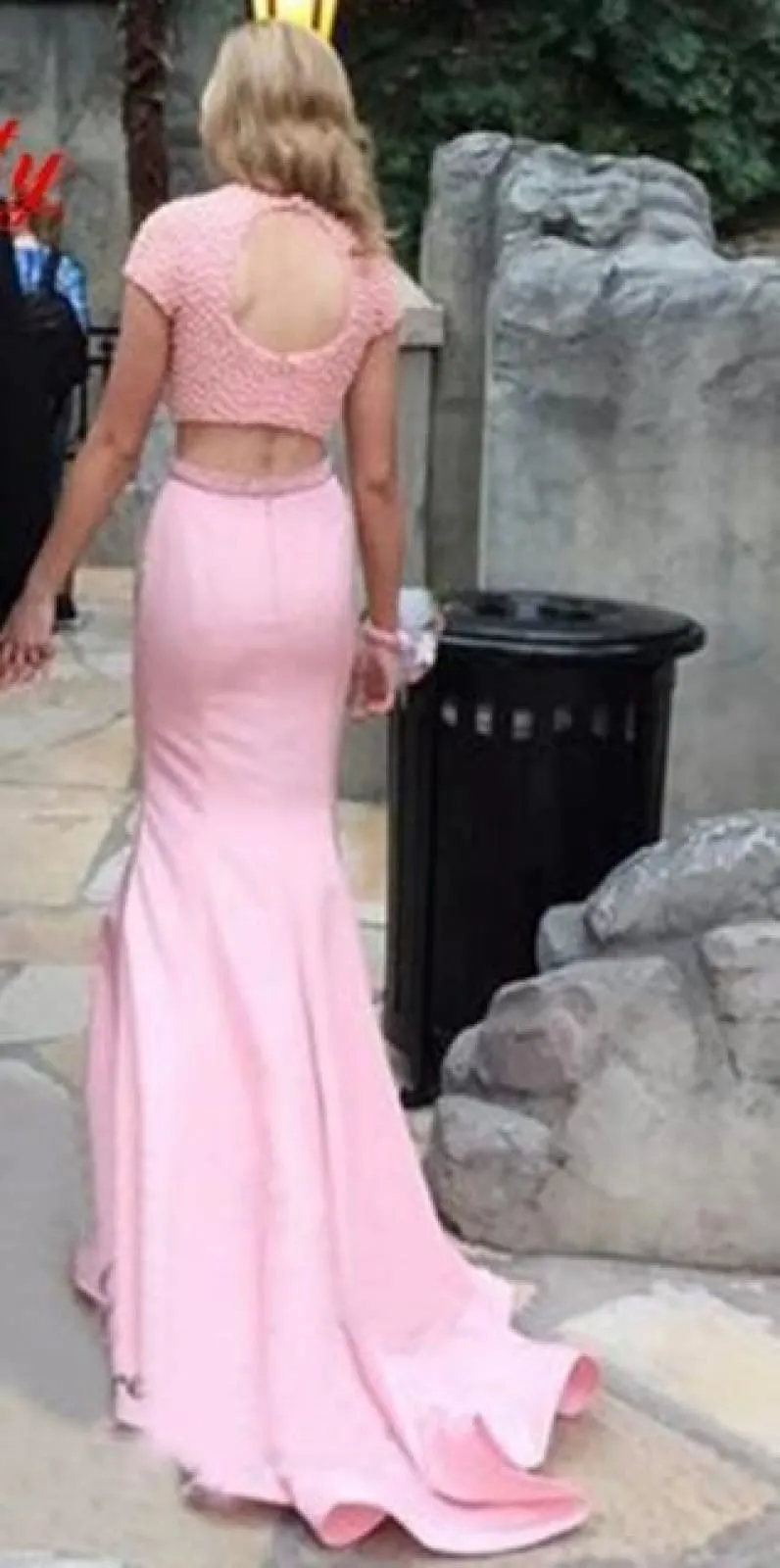 Two Piece Pink Satin Pearl Top Short Sleeves Wedding Prom Evening Party Dress