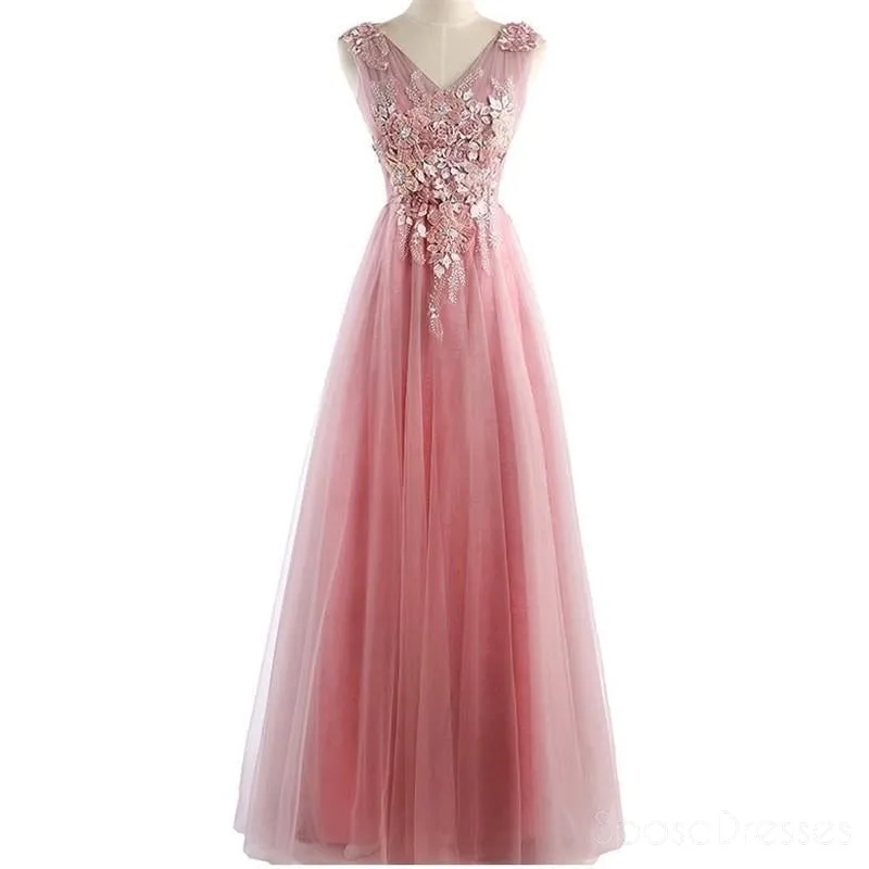 Two Straps V Neckline Pink Lace Beaded Unique Long Evening Prom Dresses, Popular Party Prom Dresses, Custom Long Prom Dresses, Cheap Formal Prom Dresses, 17220