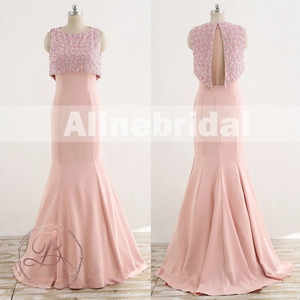 Unique Two Piece Pink Beading Top See Through  Back Mermaid Prom Dresses,PD00065