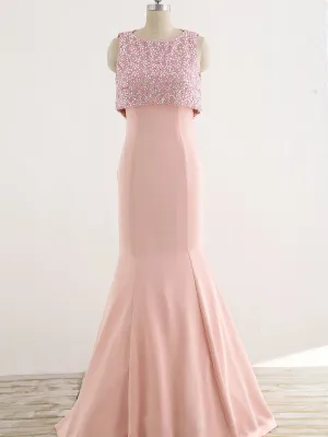Unique Two Piece Pink Beading Top See Through  Back Mermaid Prom Dresses,PD00065