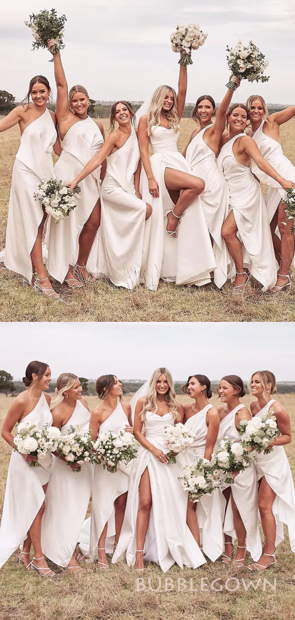 Unique White One Shoulder Long Custom High Slit Bridesmaid Dresses, BGB0153