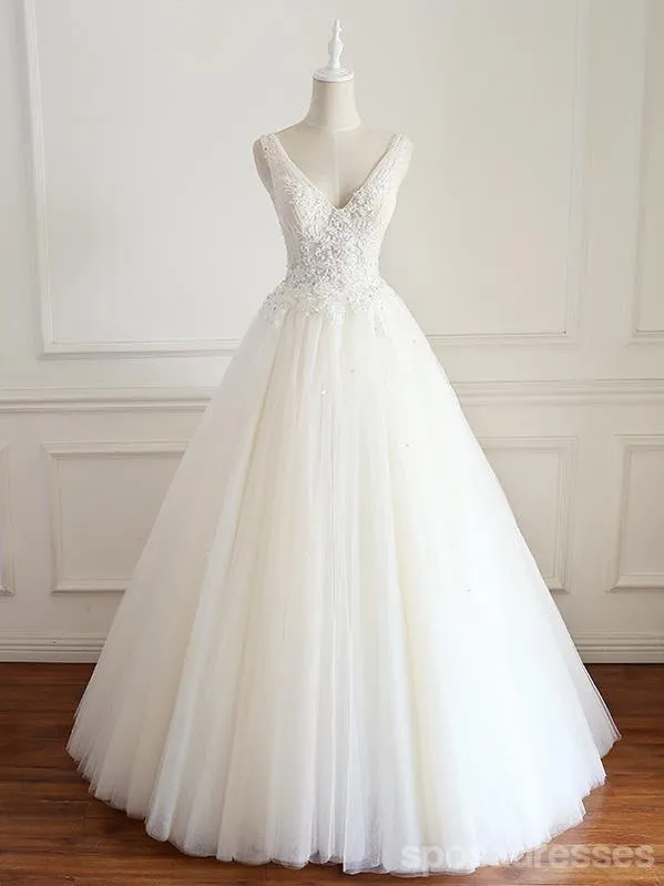 V Neck A-line Lace Long Custom Cheap Wedding Bridal Dresses, WD301