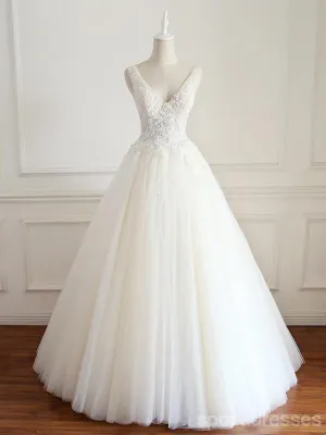 V Neck A-line Lace Long Custom Cheap Wedding Bridal Dresses, WD301