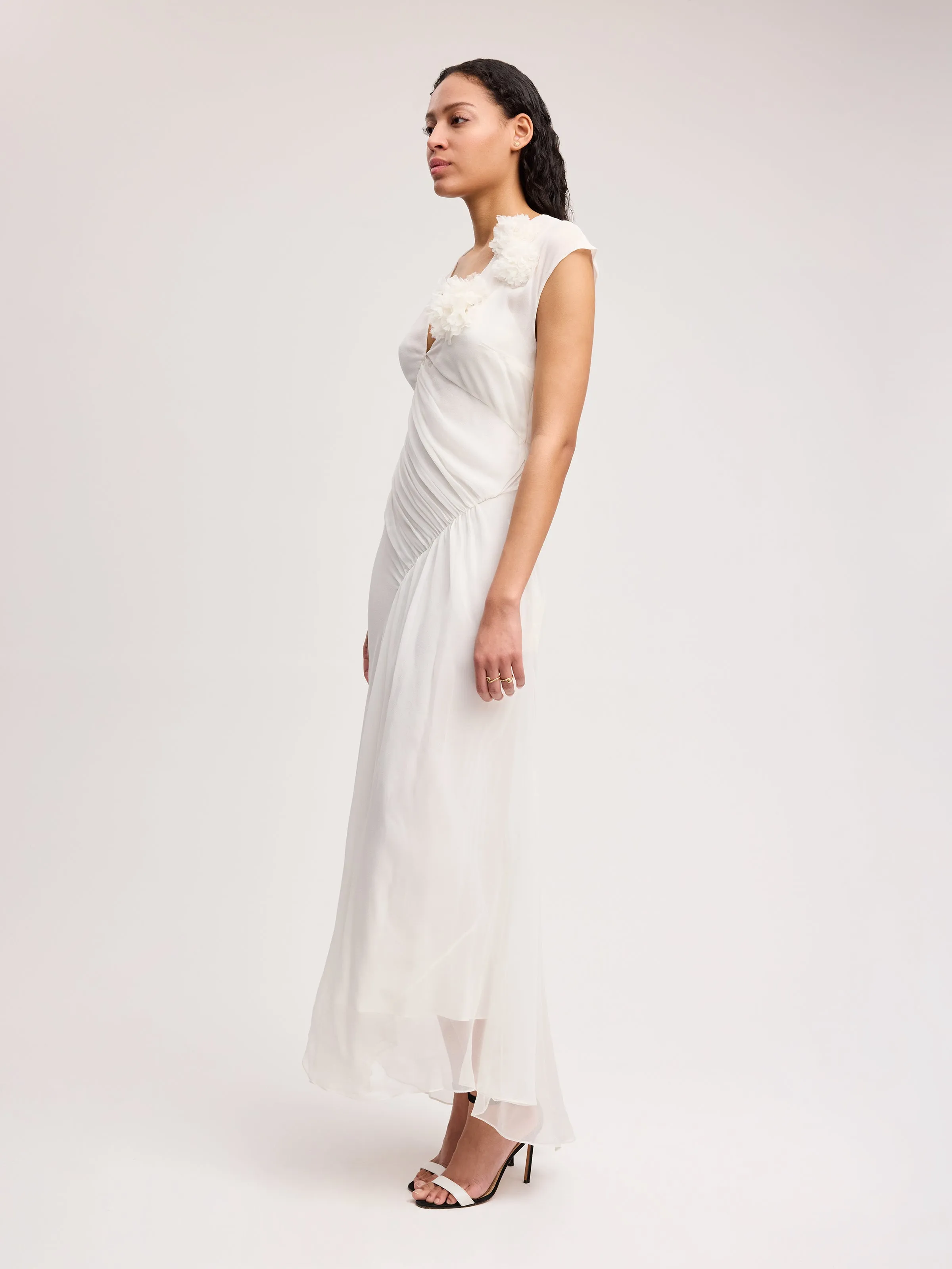 V-Neck Draped Chiffon Dress in Ivory