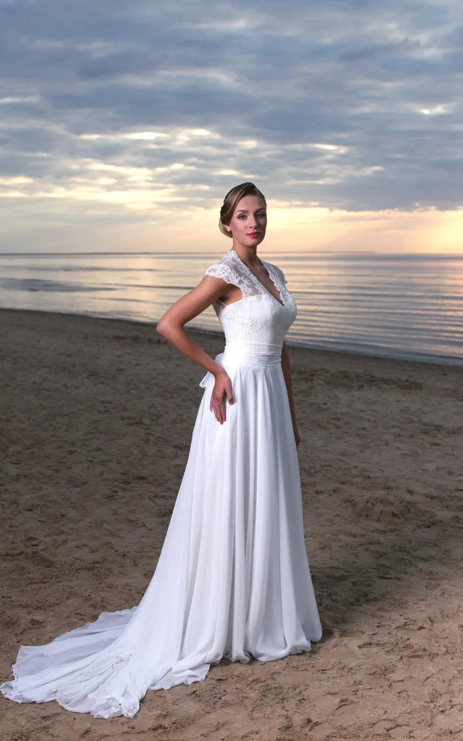 V-Neck Long A-Line Chiffon and Lace Wedding Dress With Cap Sleeves-ET_711222