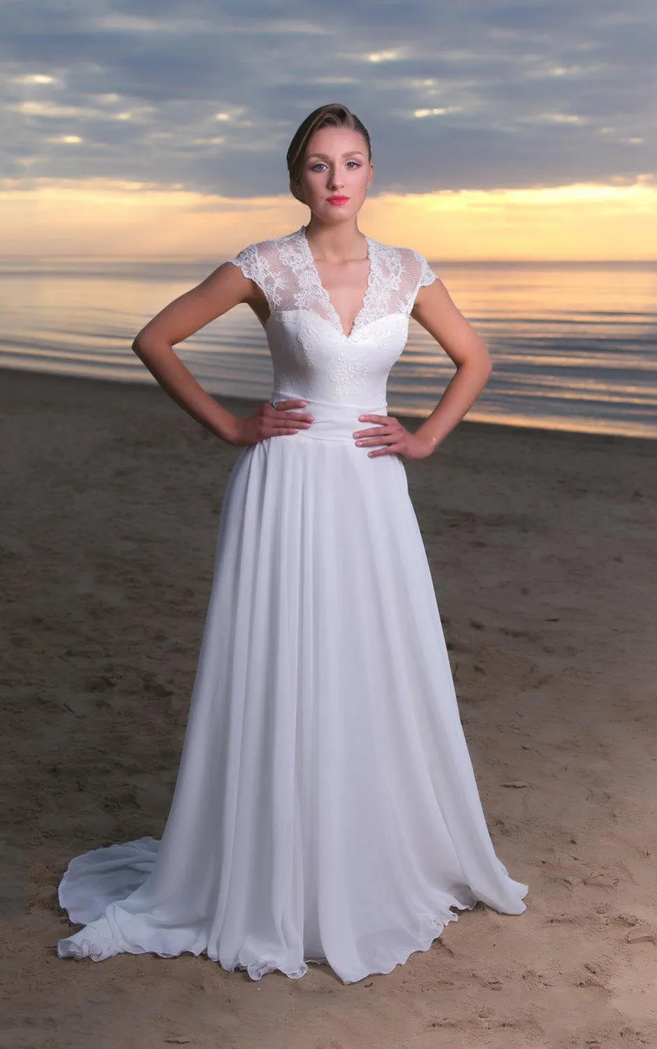 V-Neck Long A-Line Chiffon and Lace Wedding Dress With Cap Sleeves-ET_711222