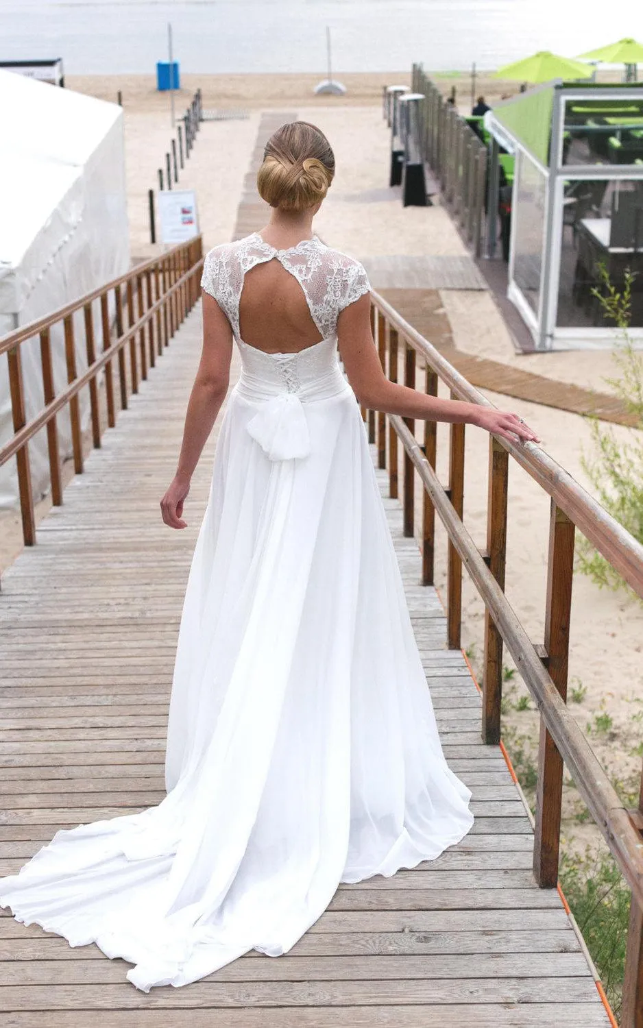 V-Neck Long A-Line Chiffon and Lace Wedding Dress With Cap Sleeves-ET_711222
