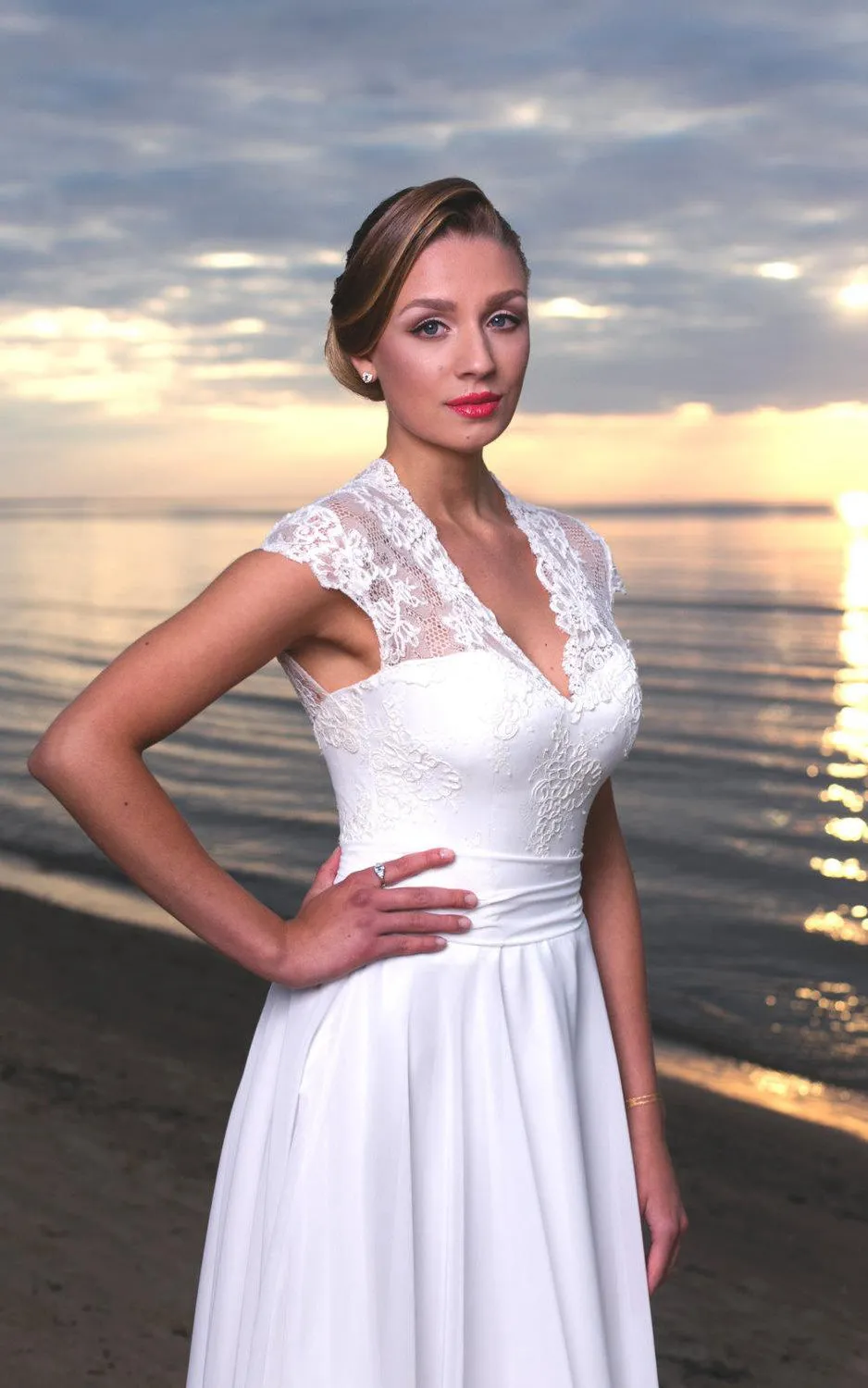 V-Neck Long A-Line Chiffon and Lace Wedding Dress With Cap Sleeves-ET_711222