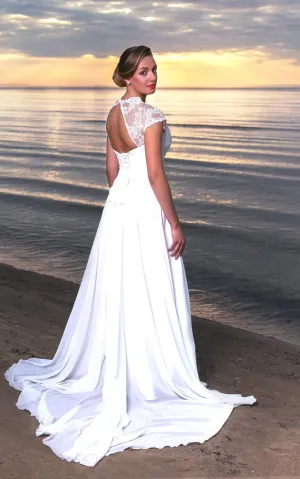 V-Neck Long A-Line Chiffon and Lace Wedding Dress With Cap Sleeves-ET_711222