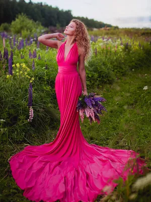 V-Neck Open Back A Line Long Evening Dress Party Elegant  Prom Gowns Formal Dresses