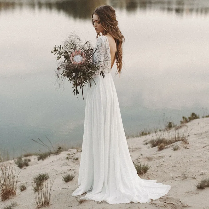 V Neck Open Back Bridal Dresses Chiffon Princess Lace