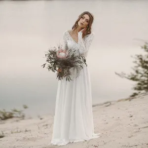 V Neck Open Back Bridal Dresses Chiffon Princess Lace