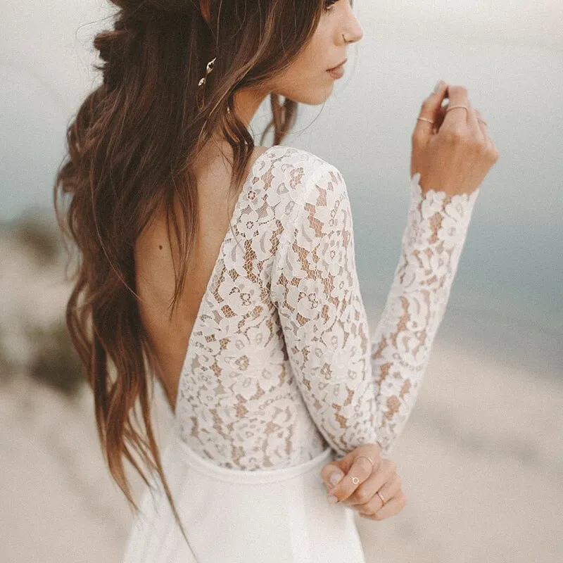 V Neck Open Back Bridal Dresses Chiffon Princess Lace